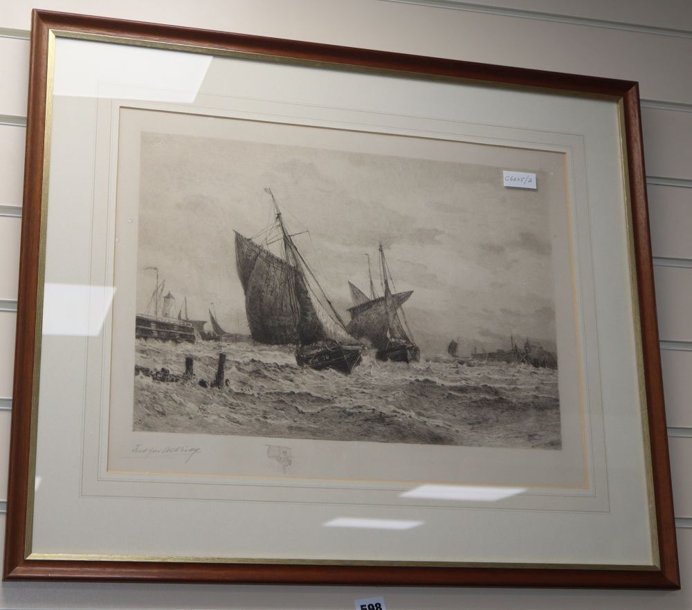 Frederick James Aldridge (1850-1933), etching, Fishing boats off the coast, signed in pencil, 38 x 50cm